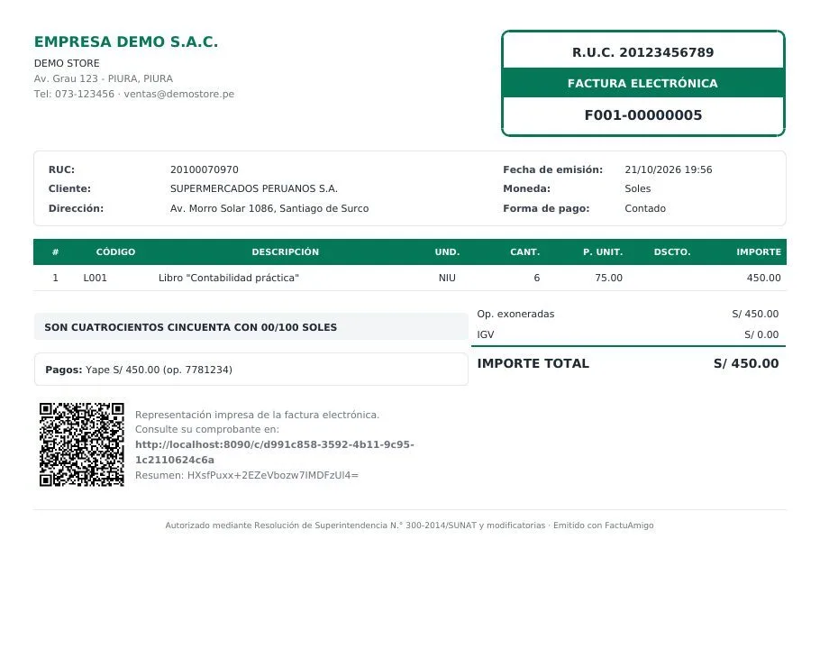 Factura electrónica en PDF con código QR
